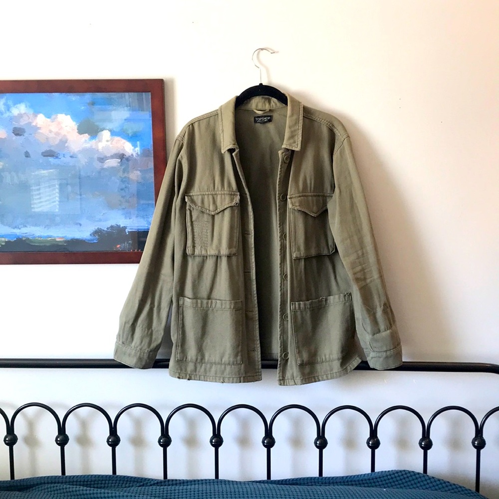 TopShop Olive Green Distressed Denim Jacket size 8